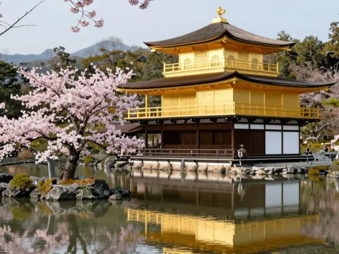 Golden Pavilion Temple with Cherry Blossoms in Kyoto