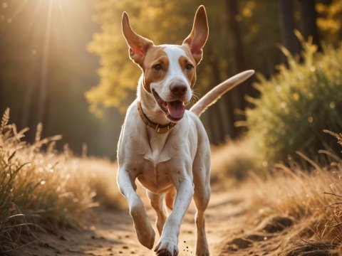 Golden Pointer Dog Running Joyfully on Forest Path