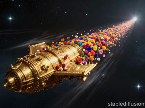 Golden Pushpaka Vimana Soaring Through Space with Floral Trail