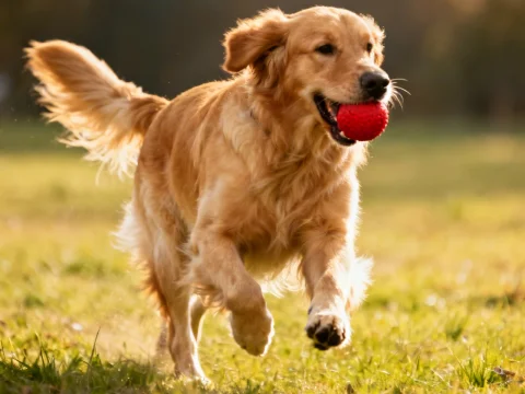 Golden Retriever Playing with Red Ball Outdoors