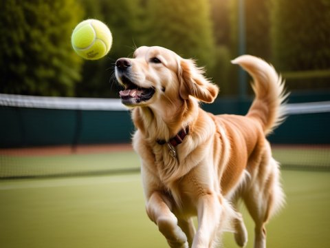 Golden Retriever Playing with Tennis Ball on Court