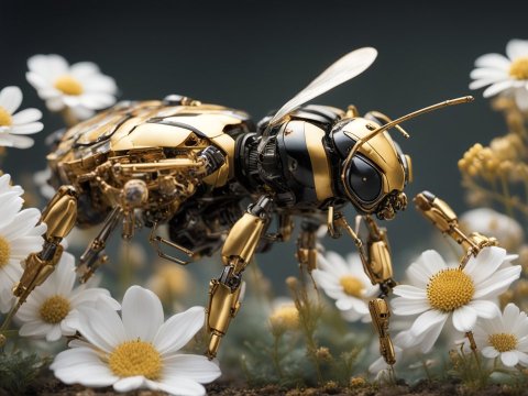 Golden Robotic Bee Among White Daisies