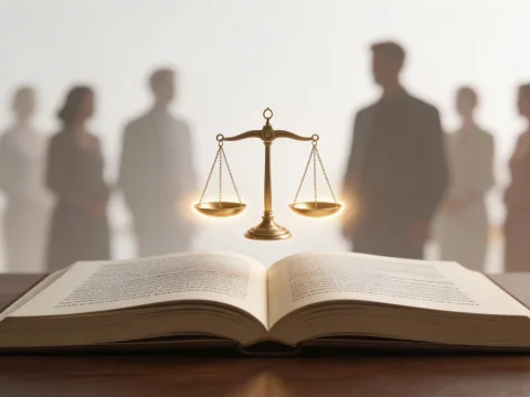 Golden Scales of Justice Hovering Over Open Law Book