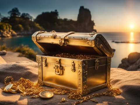 Golden Treasure Chest at Sunset on a Rocky Beach