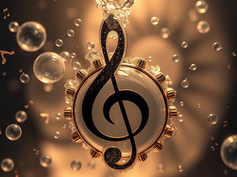 Golden Treble Clef with Floating Musical Notes and Bubbles