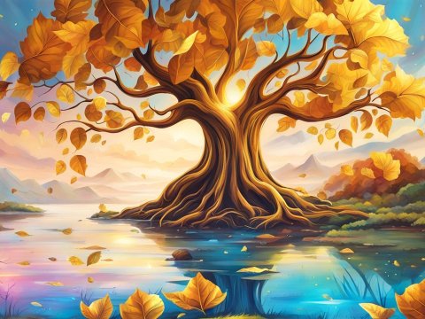 Golden Tree by a Tranquil Lake at Sunset