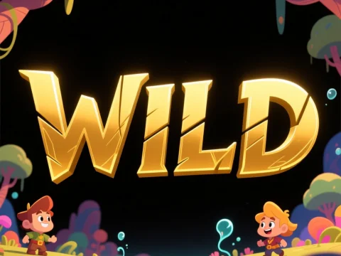 Golden Wild Text with Cartoon Characters in Fantasy Landscape