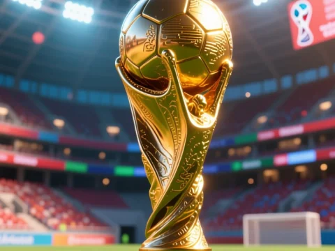 Golden World Cup Trophy on Soccer Field