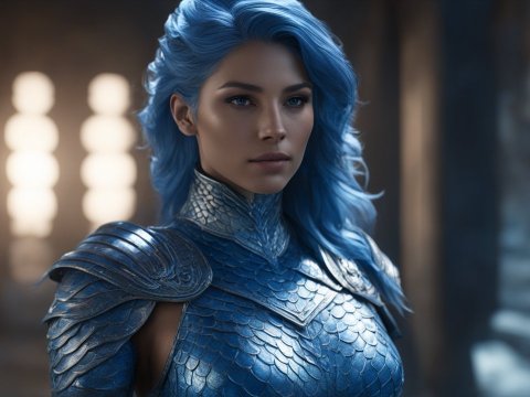Gorgeous Woman in Blue Scaled Armor with Blue Hair