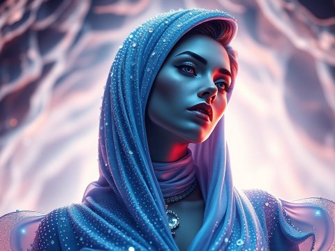 Gorgeous Woman in Sparkling Blue Hooded Dress