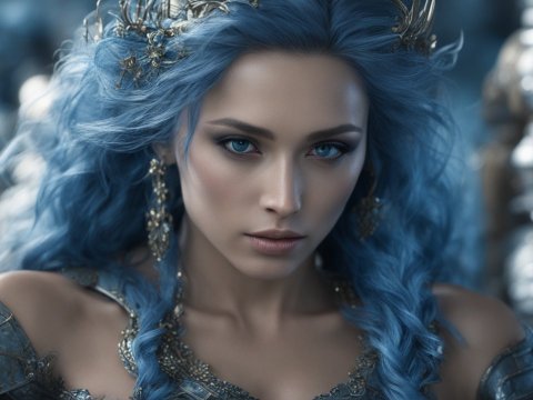 Gorgeous Woman with Blue Hair and Ornate Armor