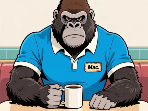 Gorilla in Blue Shirt Drinking Coffee Vector