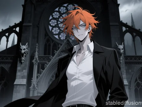 Gothic Anime Protagonist with Fiery Hair in Dark Cathedral