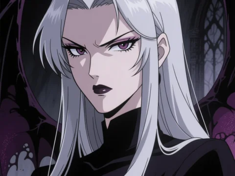 Gothic Anime Woman with White Hair and Purple Eyes