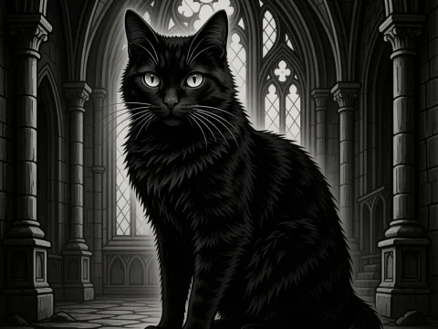 Gothic Black Cat in a Dark Cathedral