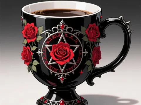 Gothic Black Coffee Mug with Red Roses and Pentagram Design