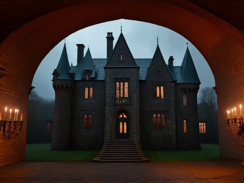 Gothic Castle Entrance at Twilight with Candlelight