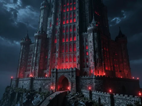 Gothic Castle Illuminated by Red Lights at Night