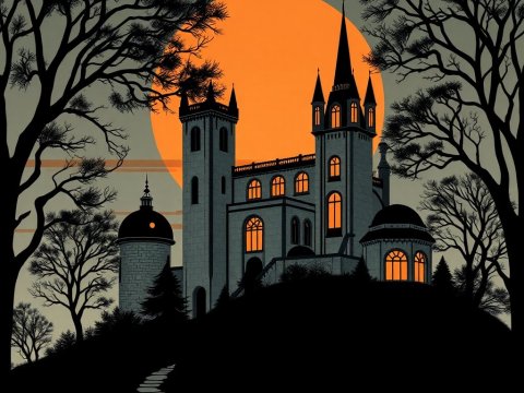 Gothic Castle Silhouette at Sunset