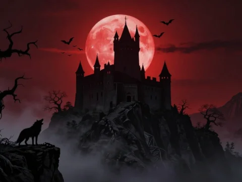 Gothic Castle Silhouetted Against a Blood Red Moon