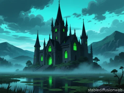 Gothic Castle with Glowing Green Windows in Misty Landscape