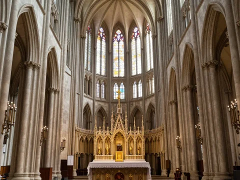 Gothic Cathedral Altar with Stained Glass Windows