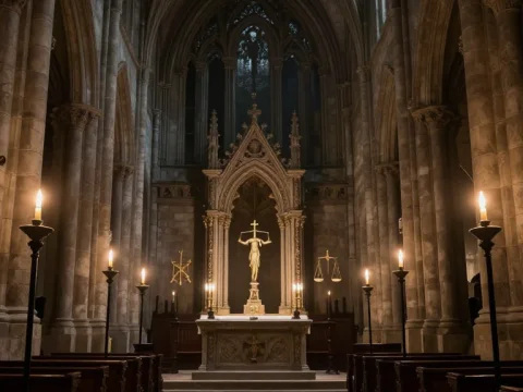 Gothic Cathedral Interior with Tribunal Symbolism