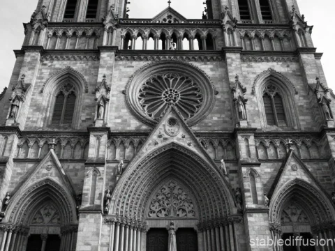 Gothic Catholic Cathedral Facade in Black and White