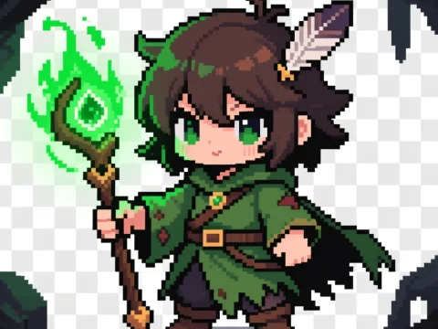 Gothic Chibi Druid with Glowing Green Staff