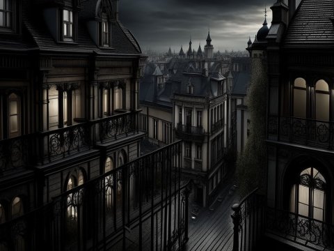 Gothic Cityscape at Night with Illuminated Windows