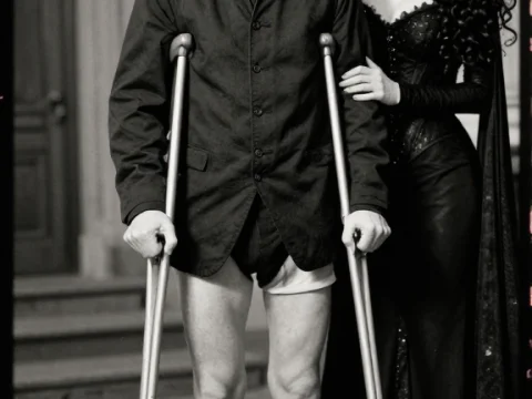 Gothic Couple with Crutches in Vintage Setting