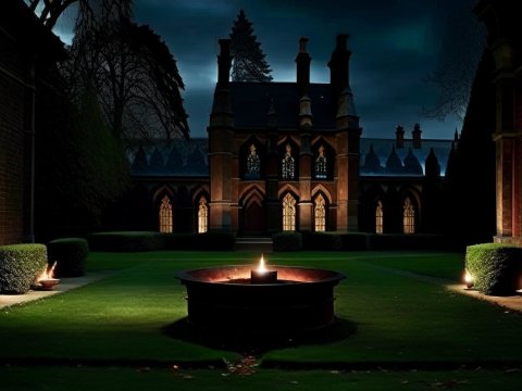 Gothic Courtyard at Night with Central Fire Pit