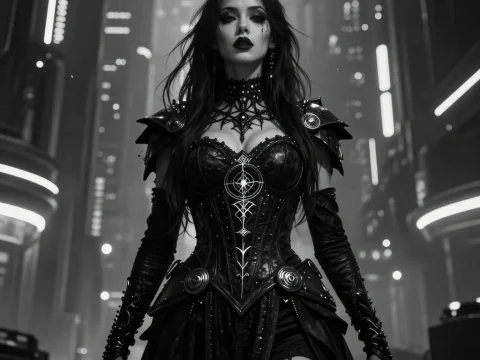 Gothic Cyberpunk Witch in Futuristic Cityscape