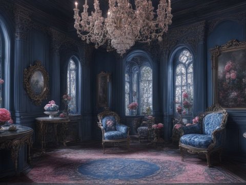 Gothic Dark Haunted Blue Parlor with Pink Roses