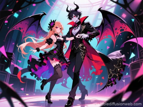 Gothic Demon Couple Dancing in a Vibrant Ballroom
