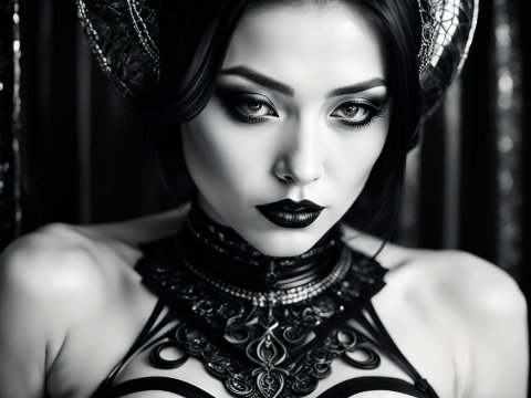 Gothic Elegance: Detailed Black and White Portrait of a Woman