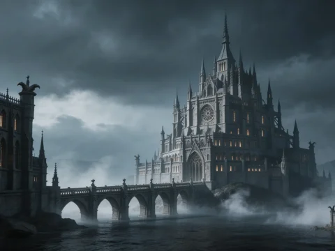 Gothic Fortress by Misty Lake at Dusk