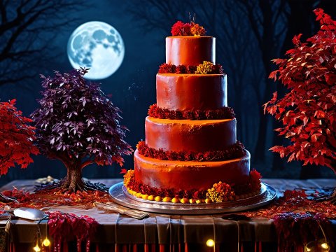 Gothic Four-Tier Cake with Autumn Trees Under Full Moon