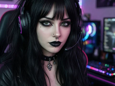 Gothic Gamer Woman with Piercings and Headset