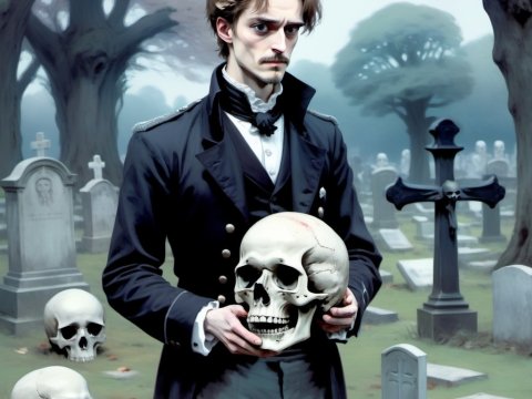 Gothic Gentleman Holding Skull in Foggy Cemetery