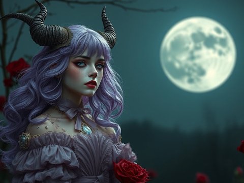 Gothic Horned Girl with Lavender Hair Under Full Moon