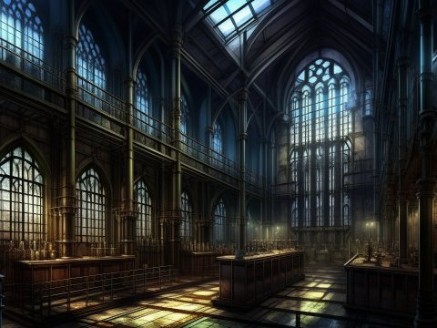 Gothic Industrial Interior with Stained Glass Windows