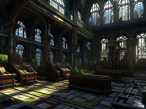 Gothic Industrial Interior with Sunlit Windows