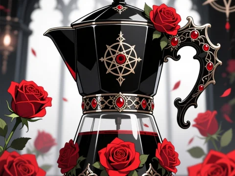 Gothic Italian Coffee Maker Adorned with Red Roses