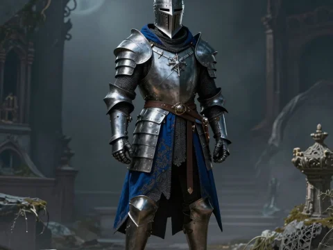 Gothic Knight in Full Armor Standing in Ruined Castle