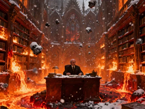 Gothic Library Engulfed in Lava with a Man at Desk