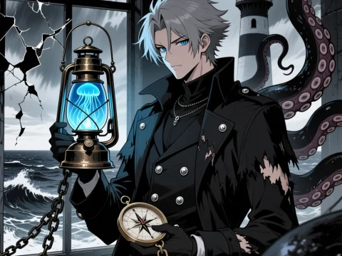 Gothic Lighthouse Keeper with Lantern and Compass