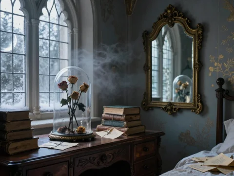 Gothic Noble Bedroom with Antique Decor and Frosted Window