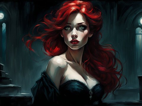 Gothic Red-Haired Woman in Moonlit Cathedral