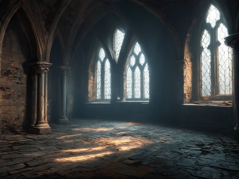 Gothic Ruined Hall with Light Streaming Through Stained Glass